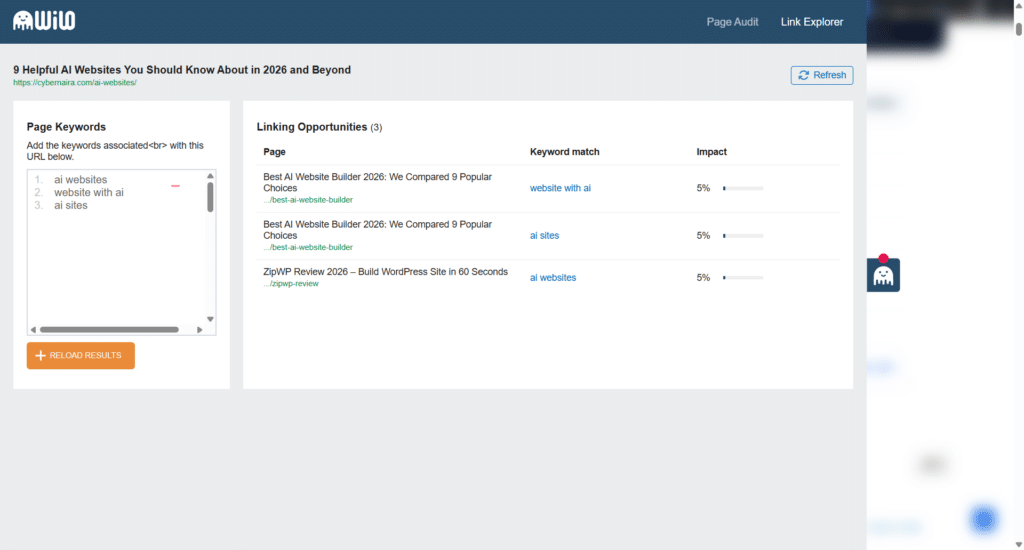 WILO Link Explorer interface showing page keywords and internal linking opportunities for AI websites article.