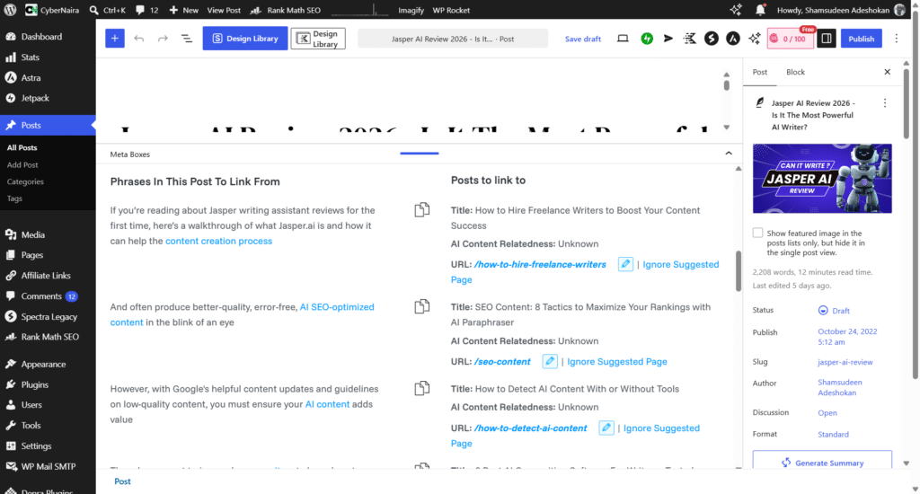 WordPress dashboard showing post editor with Link Whisper internal linking suggestions screen.
