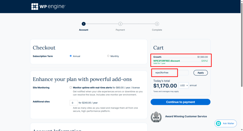 wp engine checkout with discount coupon applied WP Engine checkout page showing the Growth plan subscription with coupon code wpe3forfree applied for a 25% discount.
