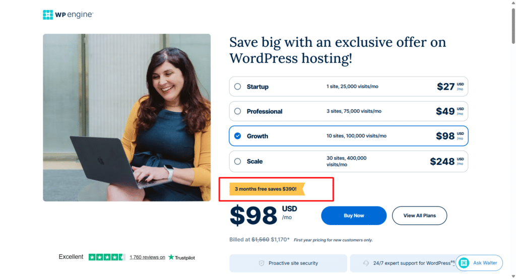 wp engine managed wordpress hosting discount plans WP Engine promotional page offering WordPress hosting discounts across Startup, Professional, Growth, and Scale plans with a highlight on 3 months free savings.