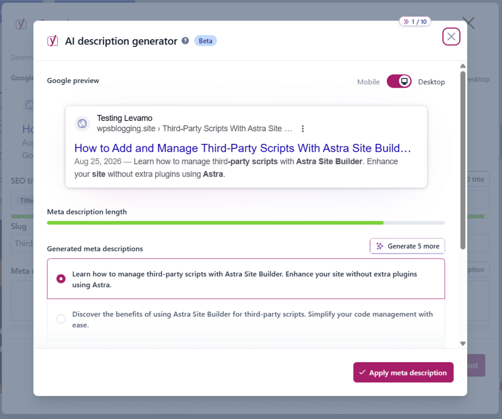 Yoast SEO AI description generator modal showing Google preview and generated meta description options.