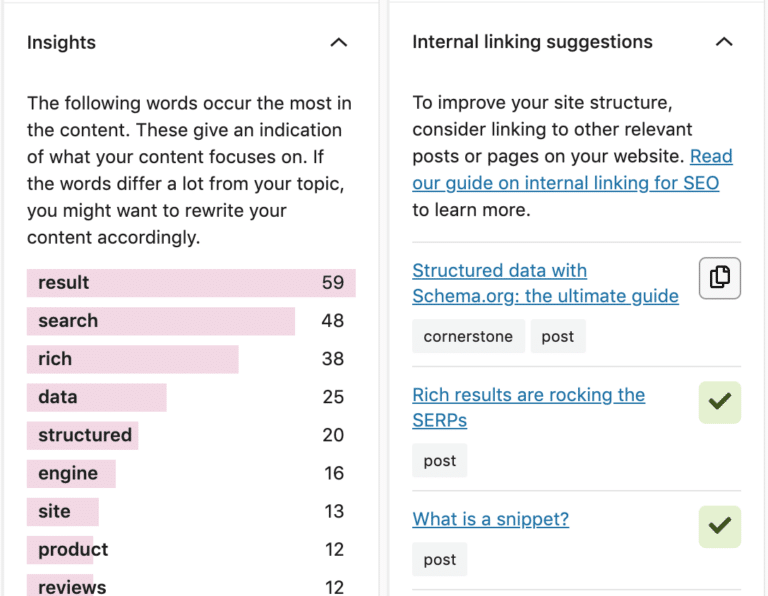 yoast seo content insights and internal linking suggestions panel Yoast SEO panel displaying content insights word frequency count alongside internal linking suggestions.
