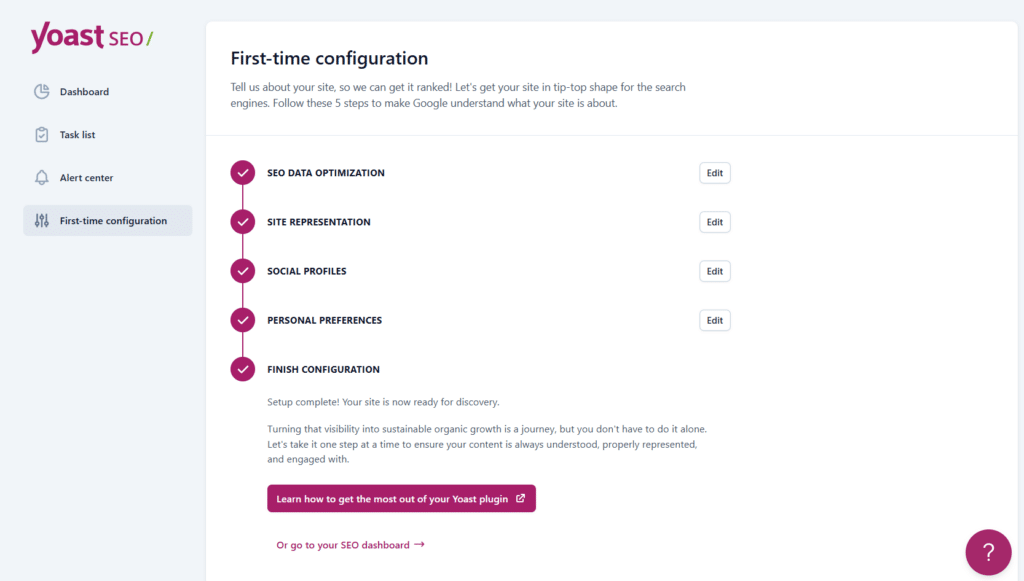 Yoast SEO dashboard showing completed first-time configuration steps and setup confirmation. 