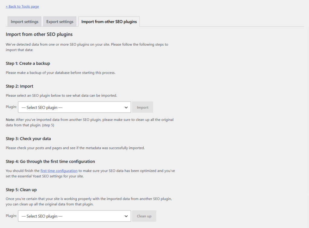 Yoast SEO tools interface showing five step process to import settings from other SEO plugins.