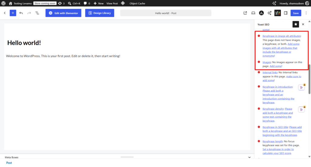 WordPress editor with red box highlighting Yoast SEO warning for missing keyphrase in image alt attributes. 