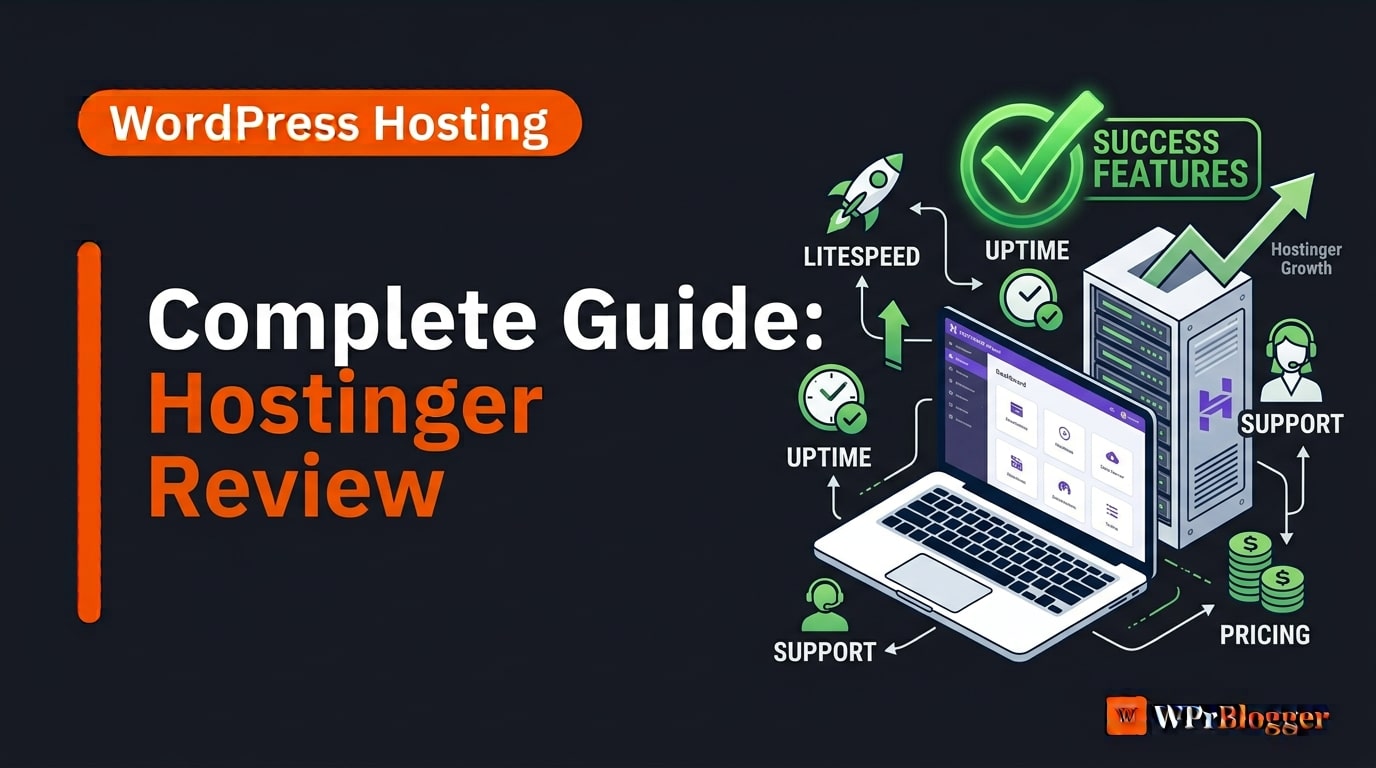 Complete Guide Hostinger Review graphic with laptop server stack performance features and WPrBlogger logo.