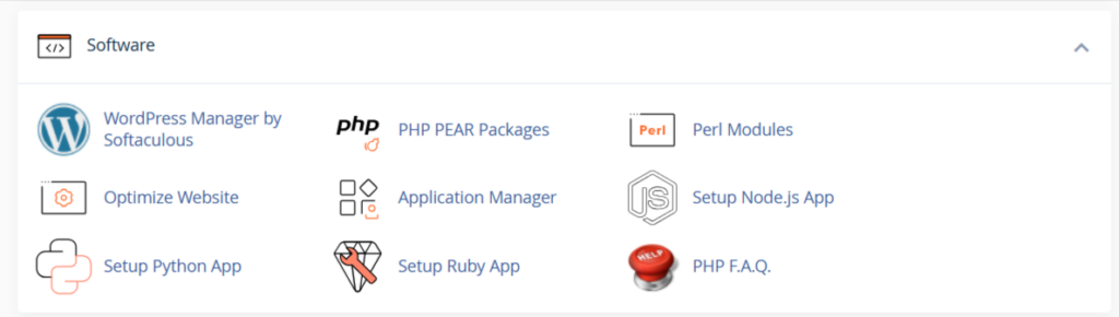 cPanel dashboard Software section displaying icons for WordPress Manager, Optimize Website, and application tools.