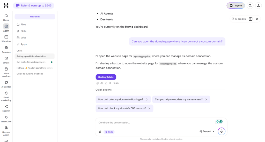 Hostinger AI assistant chat interface answering a query on how to connect a custom domain.