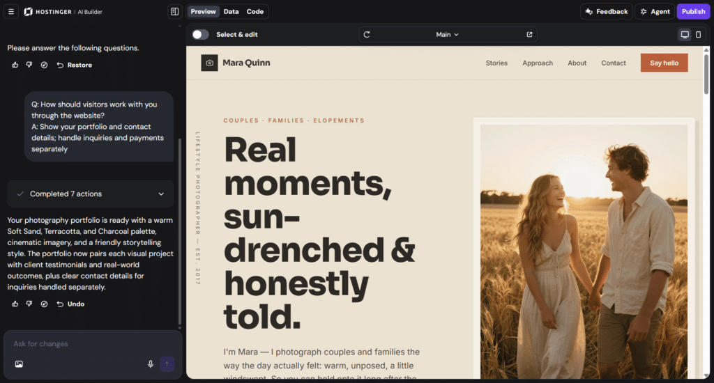 Hostinger AI website builder interface generating a photography portfolio with AI agent chat panel.