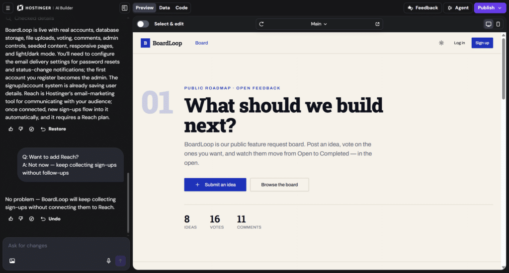hostinger ai builder boardloop feature request board preview Hostinger AI website builder interface showing preview of a feature request board application.