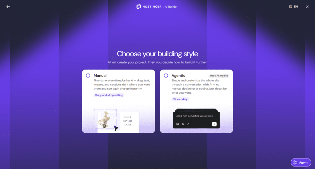 Hostinger AI website builder setup screen comparing manual drag and drop editing with agentic AI creation options.
