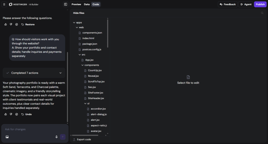 Hostinger AI website builder code view displaying source file tree and AI agent panel.