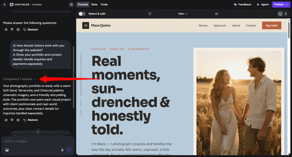 hostinger ai builder completed actions workflow indicator Hostinger AI website builder preview showing completed actions callout arrow next to generated photography portfolio.