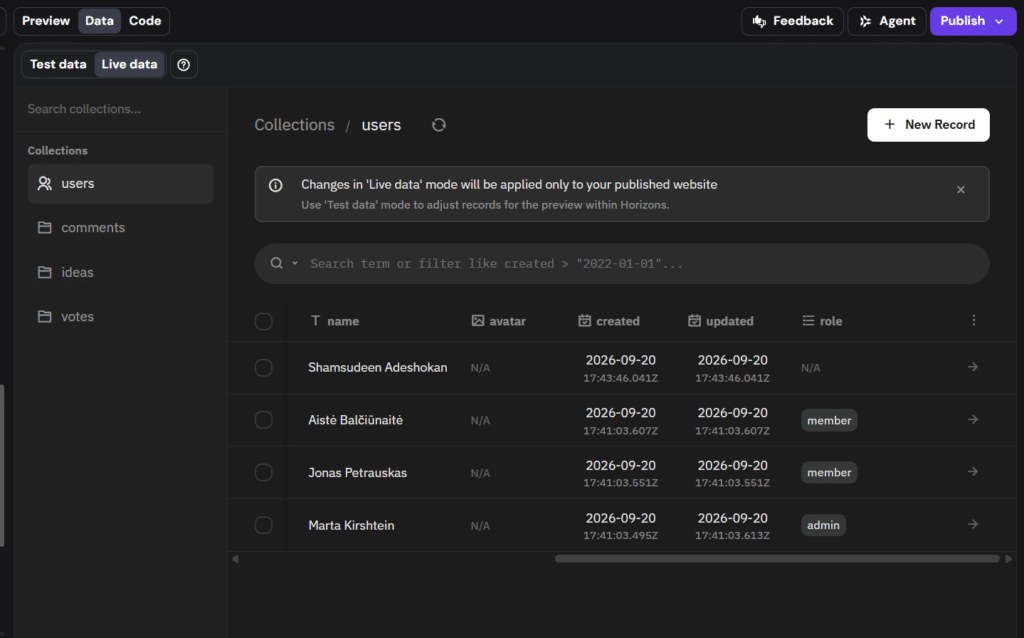 hostinger ai builder data view user collections dashboard boardloop Hostinger AI website builder data view displaying user collections and live database records.