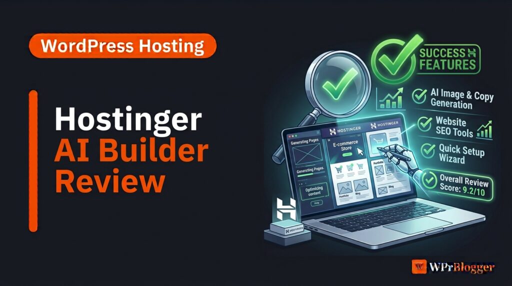 Hostinger AI Builder Review graphic displaying laptop website editor success features and WPrBlogger logo.