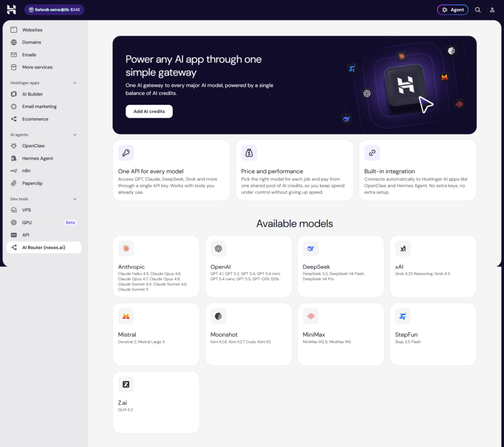 Hostinger AI Router dashboard displaying API gateway features and a grid of available AI model providers.