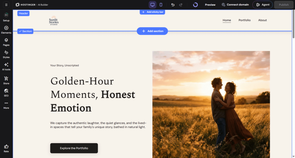 Hostinger AI website builder editor displaying a customizable photography portfolio layout.