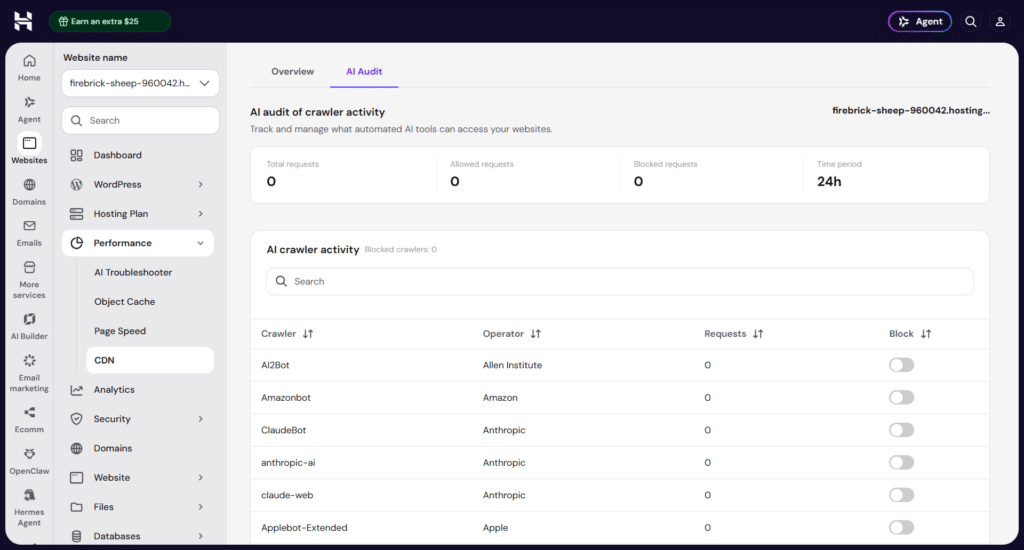 Hostinger CDN performance AI Audit tab displaying AI crawler activity table and block toggles.
