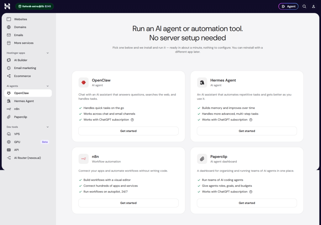 Hostinger AI agents dashboard showcasing setup cards for OpenClaw Hermes Agent n8n and Paperclip tools.