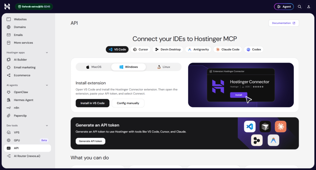 Hostinger hPanel API management page showing IDE integration options and API token generation options.