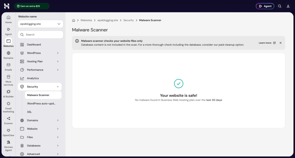 Hostinger hPanel Malware Scanner page showing website safe status checkmark.