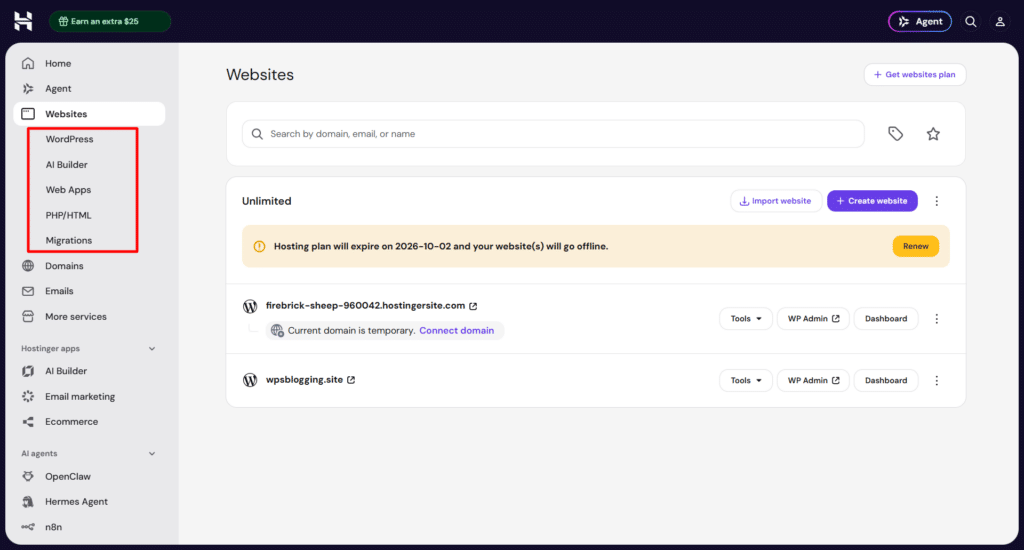 Hostinger hPanel websites management page displaying hosted domains list and highlighted website categories sidebar menu.