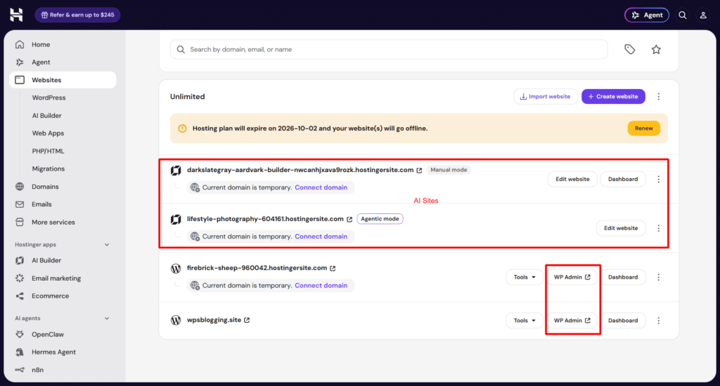 Hostinger hPanel websites list highlighting AI generated sites and WordPress admin access buttons.