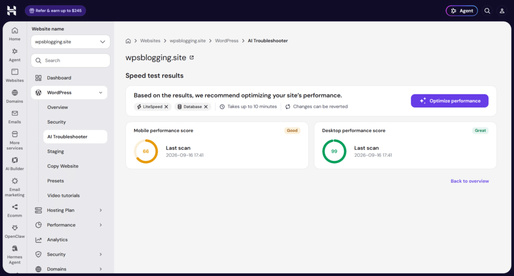 Hostinger hPanel AI Troubleshooter displaying website speed test performance scores for mobile and desktop.