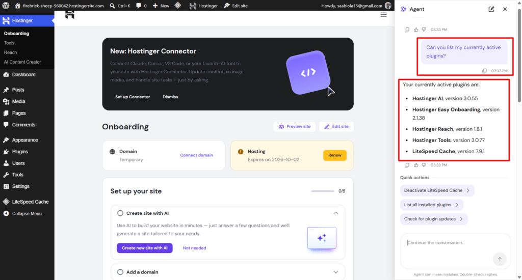Hostinger WordPress dashboard showing Hostinger Connector banner and AI Agent listing active plugins.