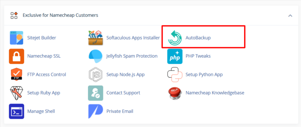 Namecheap cPanel dashboard highlighting the AutoBackup tool icon within customer features.