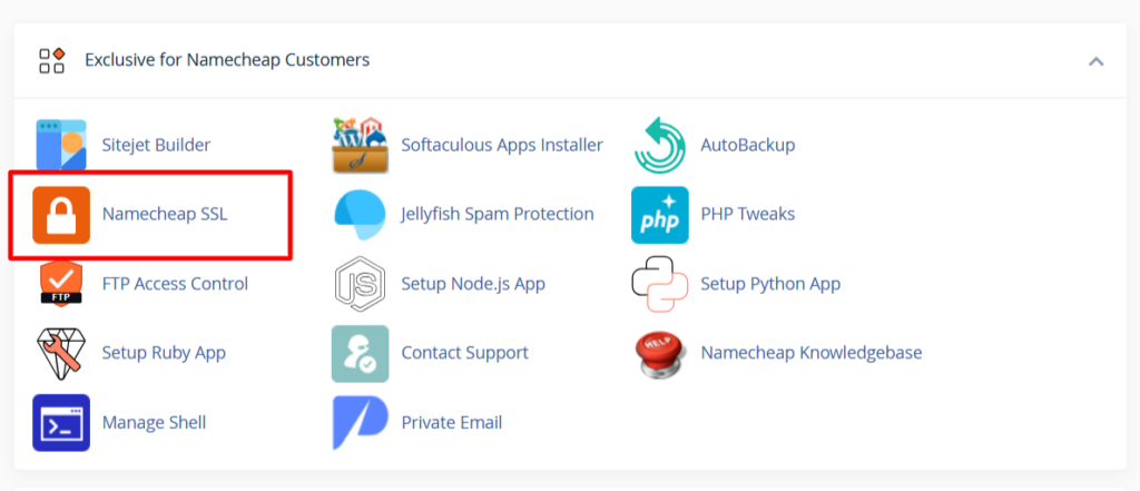 Namecheap cPanel dashboard highlighting the Namecheap SSL tool icon within customer features.