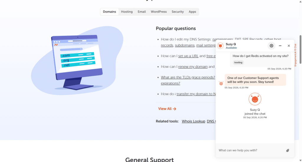Namecheap help center page with live chat window asking how to activate Redis hosting.