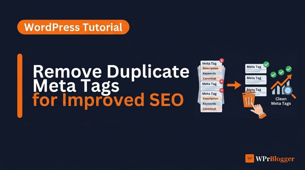 Remove duplicate meta tags for improved SEO blog post banner graphic showing meta tag cleaning diagram.