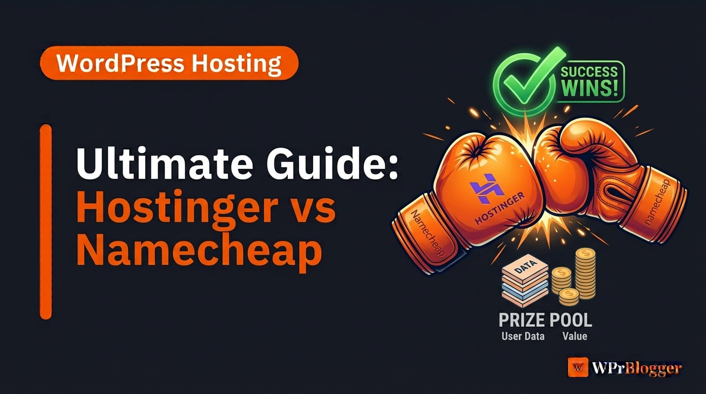 Ultimate guide Hostinger vs Namecheap blog post banner graphic showing boxing gloves competing for web hosting performance.