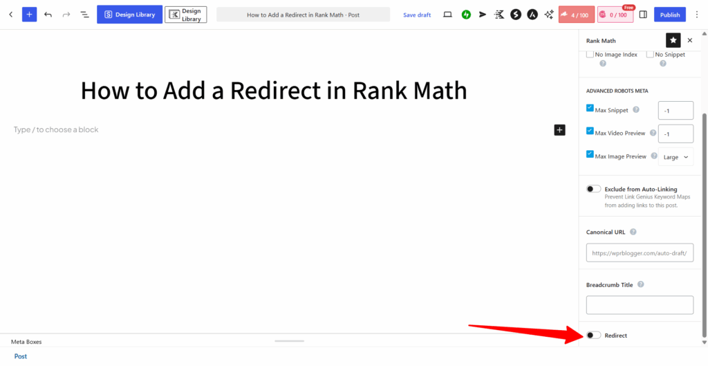 add a redirect in wordpress post editor rank math edited WordPress editor showing Rank Math SEO settings with the Redirect toggle highlighted by a red arrow in the post editor sidebar.