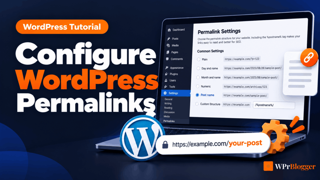 WordPress permalink settings screen showing the Post name URL structure selected, with a laptop displaying permalink options and a sample SEO friendly URL.
