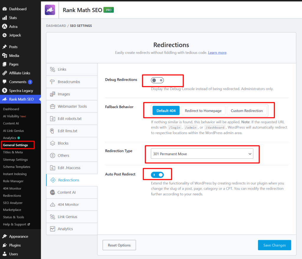 how to configure redirection settings in rank math Rank Math SEO Redirections settings in WordPress showing the Debug Redirections toggle, fallback behavior options, 301 permanent redirect type, and Auto Post Redirect setting highlighted in red.