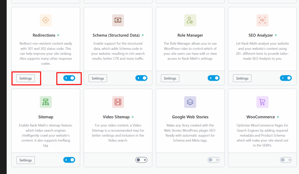 how to enable redirections in rank math Rank Math SEO settings page in WordPress showing the Redirections module with its Settings button and activation toggle highlighted in red.
