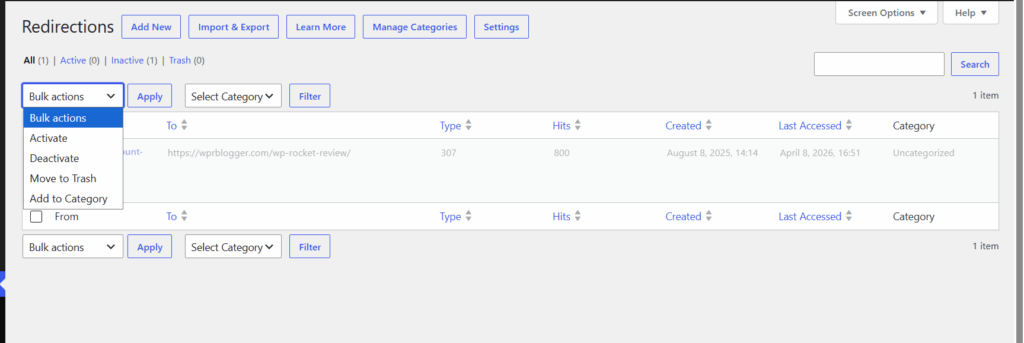 how to manage rank math redirections with bulk actions Rank Math SEO Redirections dashboard showing the bulk actions dropdown with options to activate, deactivate, move redirects to trash, or add redirects to a category.