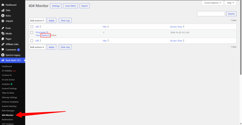 how to use rank math 404 monitor redirects Rank Math SEO 404 Monitor in WordPress showing a logged 404 error for the URL blog/page/18, with the Redirect option highlighted and a red arrow pointing to the 404 Monitor menu.