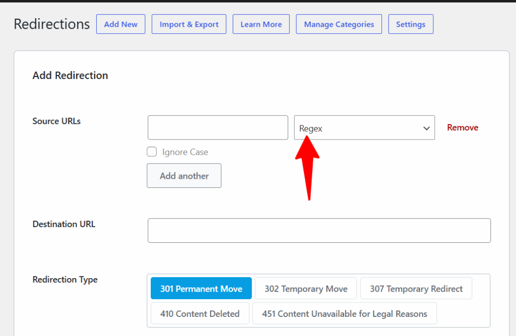 how to use regex in rank math redirections Rank Math SEO redirection settings showing the Regex source URL matching option selected, with an arrow highlighting the dropdown and fields for the source URL, destination URL, and redirection type.