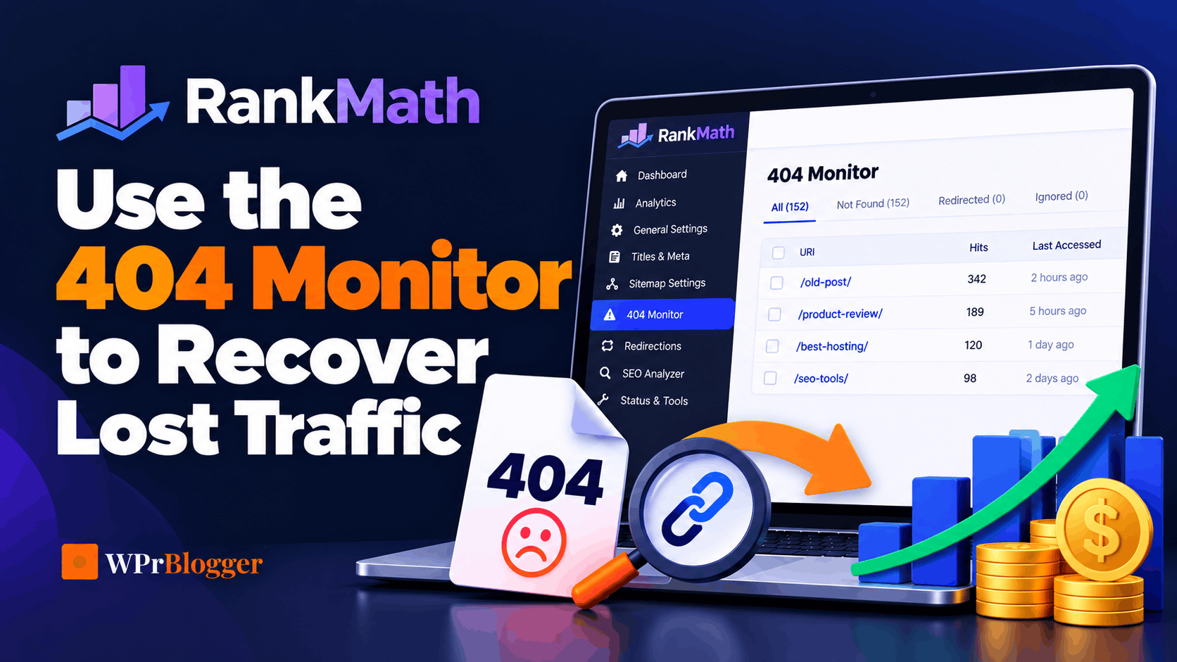 Rank Math 404 Monitor WordPress tutorial featured image showing broken URLs on a laptop, a 404 error document, a link icon, and rising traffic and revenue graphics.