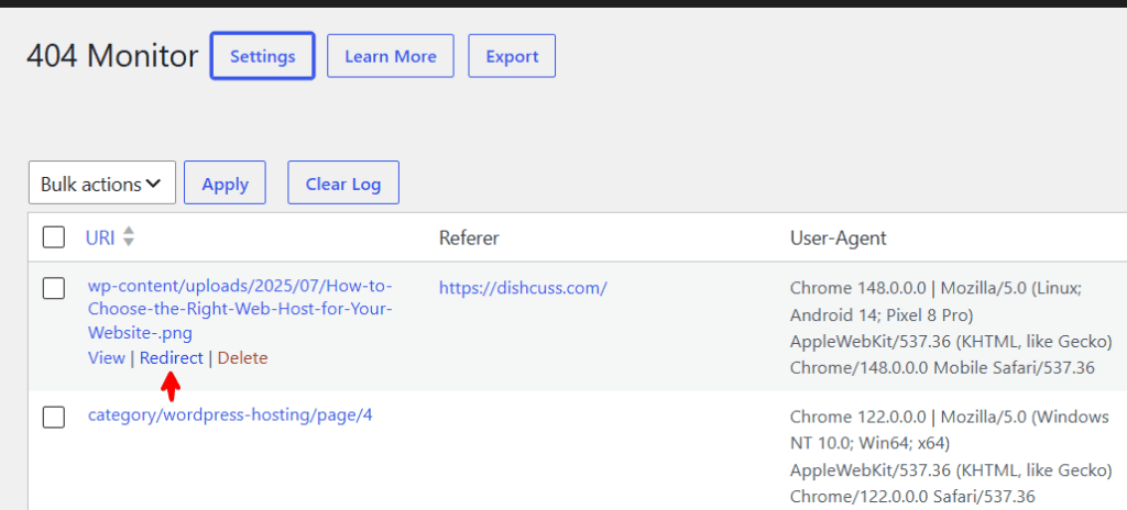 rank math 404 monitor redirect and delete options Rank Math 404 Monitor dashboard displaying a broken URL with View, Redirect, and Delete options for managing missing pages.