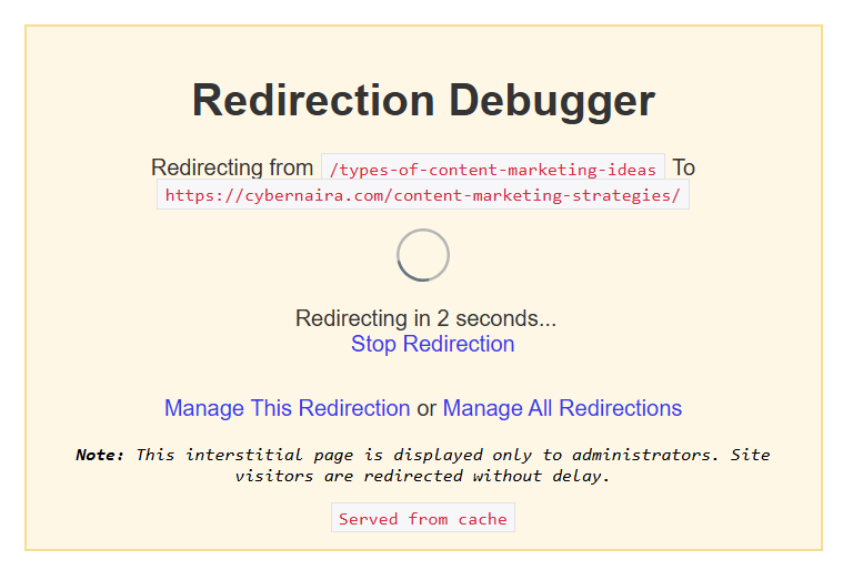 rank math redirection debugger edited Rank Math SEO redirection debugger showing a URL redirect from an old content marketing ideas page to the content marketing strategies page.