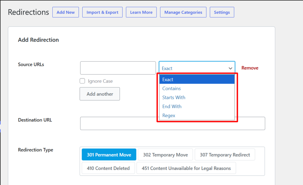 rank math redirection source url matching options Rank Math SEO redirection settings showing source URL matching options, including Exact, Contains, Starts With, End With, and Regex.
