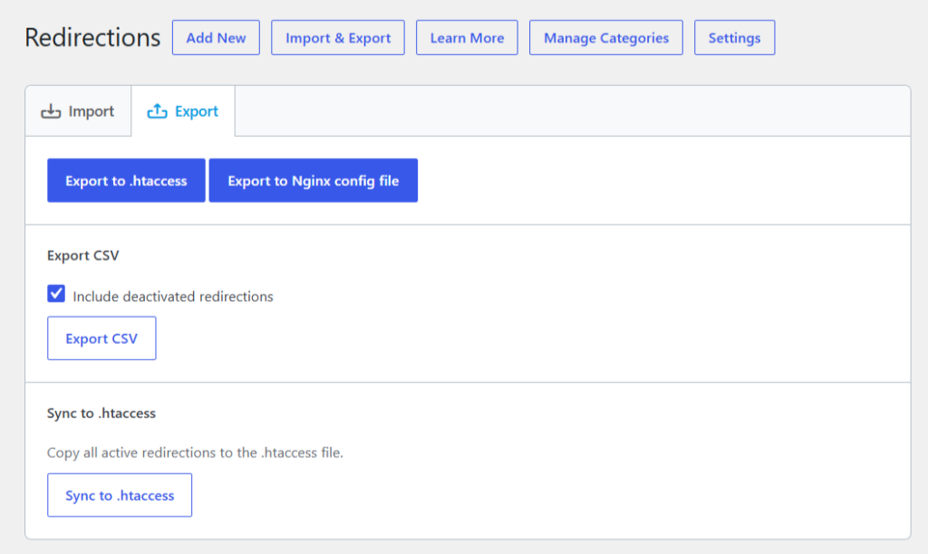 rank math redirections export settings Rank Math SEO redirections export settings in WordPress showing options to export redirects to CSV, .htaccess, or Nginx configuration files.