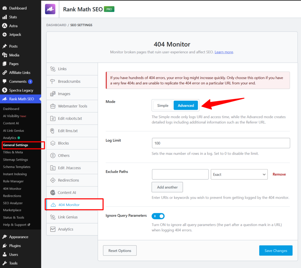 rank math seo 404 monitor settings page Rank Math SEO 404 Monitor settings in WordPress showing advanced logging mode, log limit, excluded paths, and query parameter options.