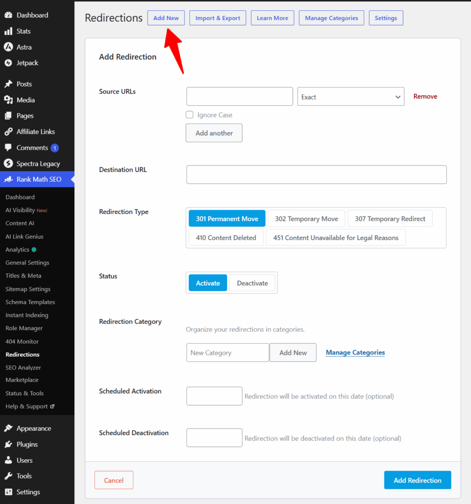 rank math seo add redirection form screen Rank Math SEO Add Redirection form in WordPress showing source URLs, destination URL, redirection types, activation status, categories, and scheduling options.