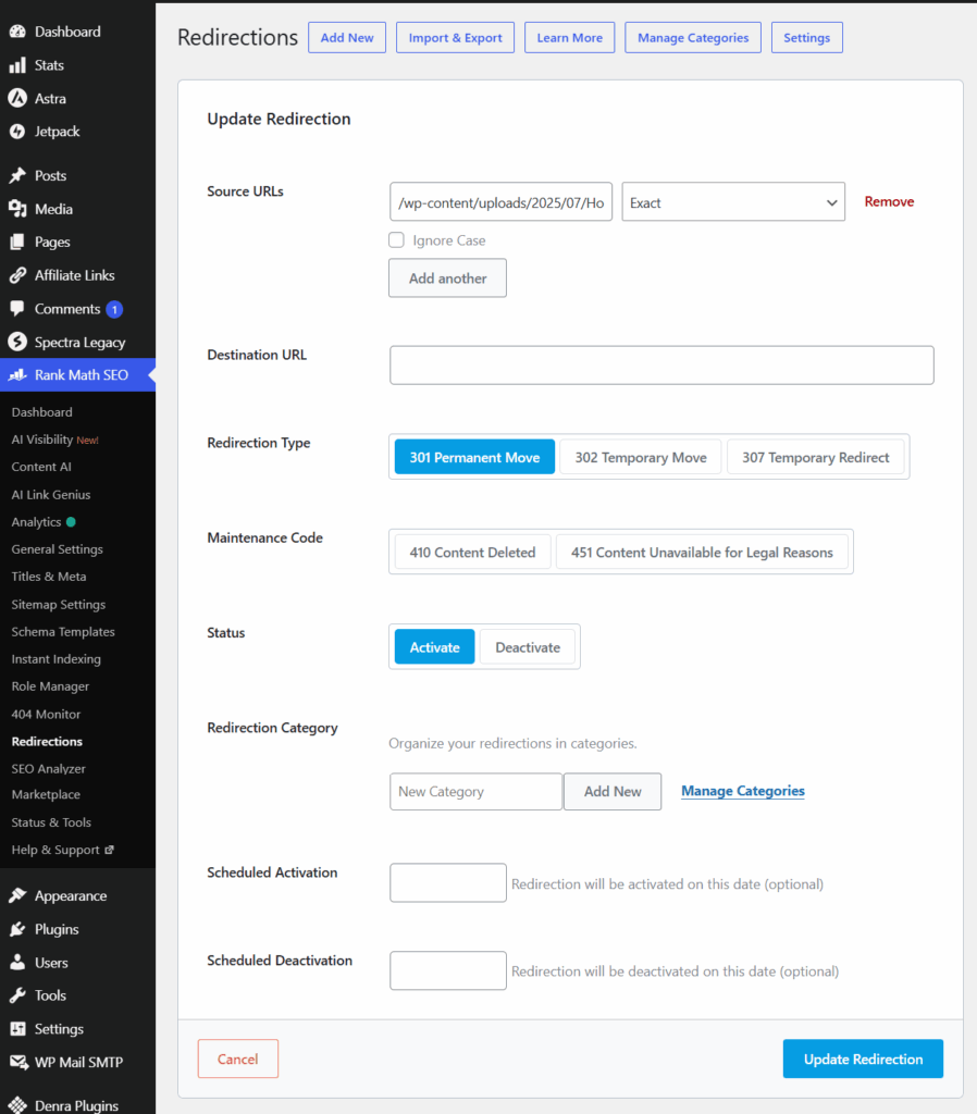 rank math seo redirection form page Rank Math SEO redirection settings in WordPress showing a source URL field, destination URL field, 301 permanent redirect option, and redirection status controls.