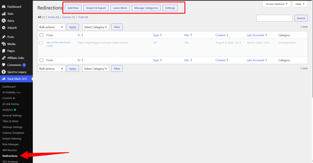 rank math seo redirections dashboard Rank Math SEO Redirections dashboard in WordPress showing the Add New, Import & Export, Learn More, Manage Categories, and Settings buttons highlighted in red.